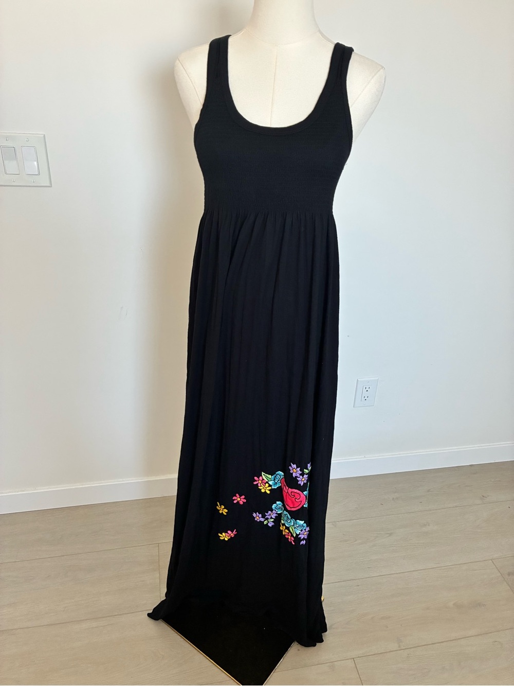Black Maxi Racerback Tank Dress with Floral Embroidery